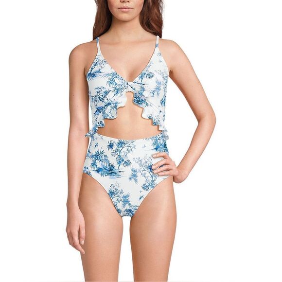 Land's End One piece swimsuit Tie front back ruffle cut out country meadow Var - Picture 5 of 7
